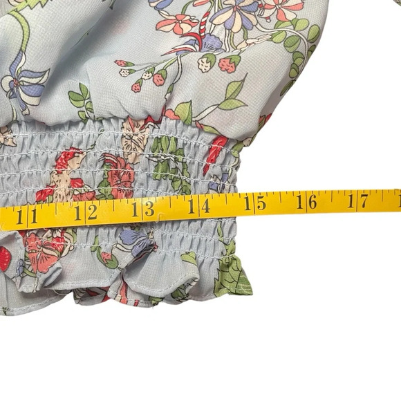 Nanette Lepore Blue Floral Bird Sheer Blouse Large Business Casual Elastic Waist - Picture 9 of 10